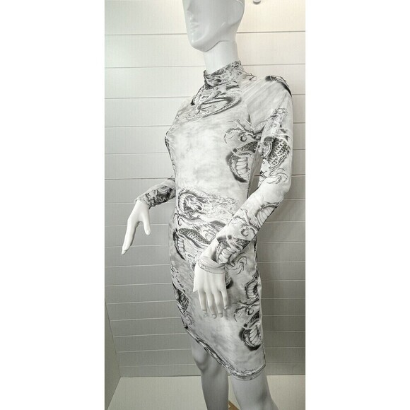Baddieville Dragon Mesh Sheer/Cover Up Dress L Whimsy Goth Punk Rave White/Grey - Picture 1 of 10